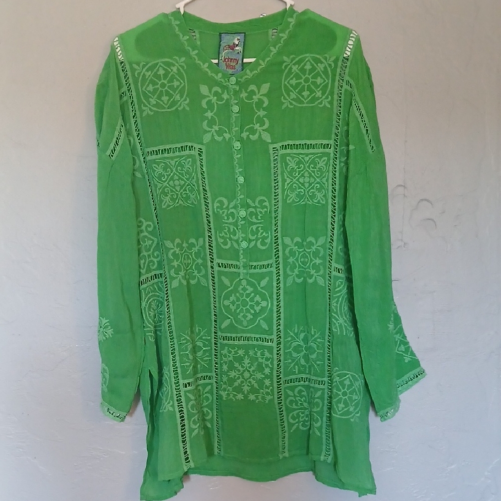 Johnny Was Green Embroidered Blouse